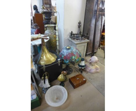 An onyx and brass standard lamp, scales, chandelier, Tiffany style lamps, etc. 