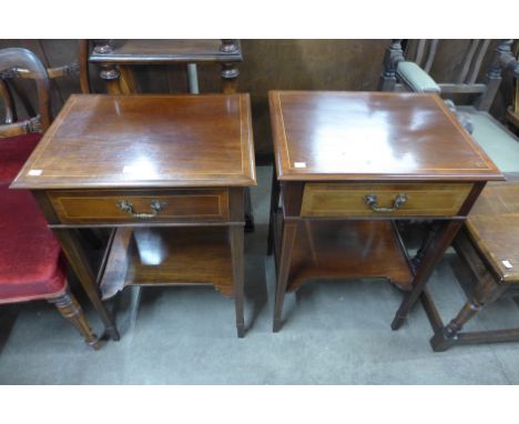 A pair of Edward VII inlaid mahogany single drawer lamp tables 