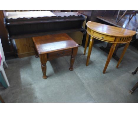 A hardwood demi lune table, a lamp table and a wall shelf 