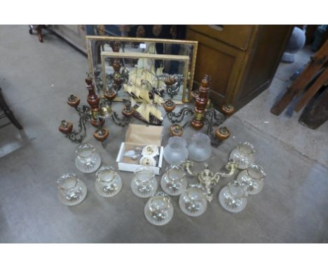 Two ceiling lights, a wall light, a ships style lamp and two gilt framed mirrors 