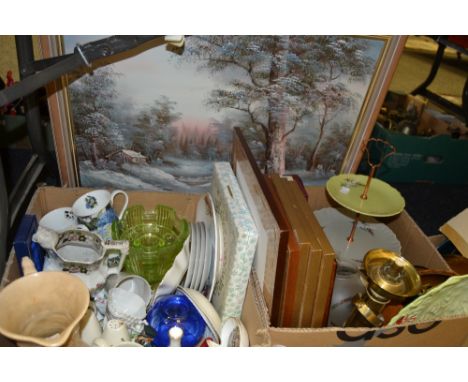 Household Goods - an enamel Flour bin; prints; brass oil lamp; ceramics, glass; etc (2 boxes)