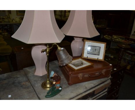 Household Goods - a pair of pink table lamps; a small leather suitcase; a brass table lamp, frosted pink glass shade;  a cast