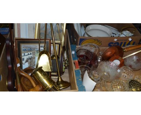 Household Goods - a brass fireside companion set; a barometer; a reproduction hunting horn; ceramics; glass;  etc (3 boxes)