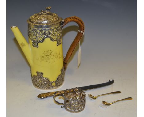 A Crown Staffordshire coffee pot, wicker handle, silver cover embossed overall with rose finial,Birmingham 1893 ;  a coffee c