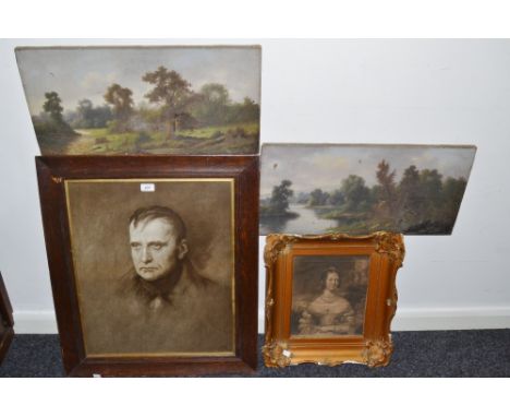 A ** Stone
A Pair, Woodland Landscapes
signed oil on canvas;  a monochrome print, Queen Victoria;  another, Napoleon (4) 