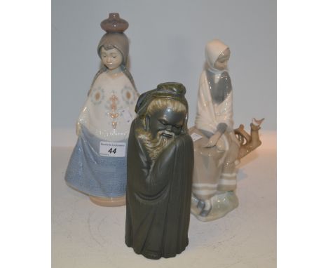 A Lladro figure, of a girl seated by a basket;  another, of a Chinese elder, in tones of blue;  a Nao figure (3)