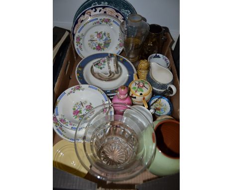 Ceramics and Glass - a Staffordshire part tea service; lustre vase; pressed glass vase; a twin handled preserve pot and cover