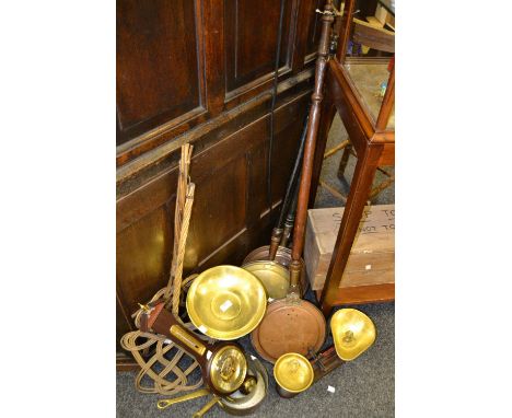 Copper and Brassware -a 19th century copper warming pan, another brass and copper;  a graduated set of pans, scales;  etc 