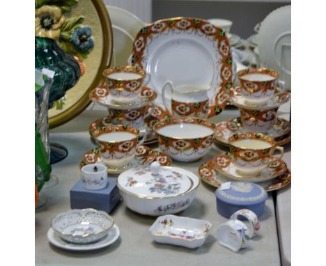 A Royal Albert Brown Imari tea service, for six, teacups, saucers, side plates, cake plate, milk jug and sugar;  Wegdwood Jas