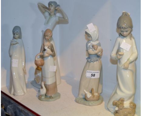 A Nao figure of girl holding a puppy; other Continental porcelain figures ( 5 ) 