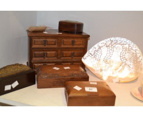 Oriental Boxes and Objects - a carved mother of pearl shell; a hardwood cigarette box; another playing card box;  etc (7)