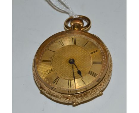 An 18ct gold open faced lady's  pocket watch, engine turned dial,  Roman numerals, 39g