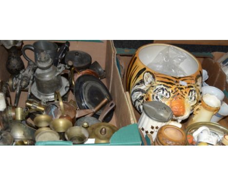 Metal Ware and Household - a brass bell;  oil lamp;  miniature oil lamp;  canon;  glass bowl;   shaving mugs;  etc (2 boxes)