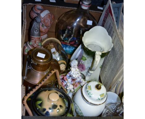 Household Goods - a copper ships starboard lamp, ebony glove stretcher, ship in a bottle,   another smaller;  bronzed figures