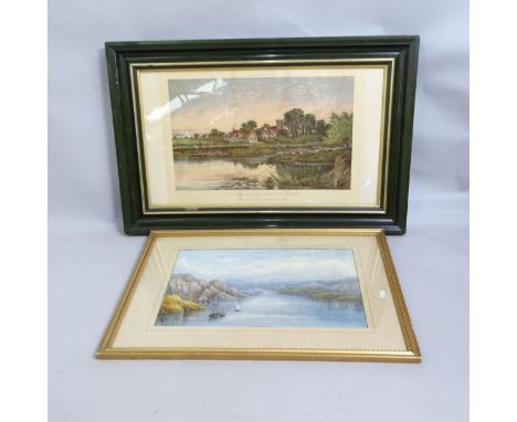 Watercolour, panoramic river view, early 20th century coloured lithograph, Continental bridge view, and an Antique coloured p