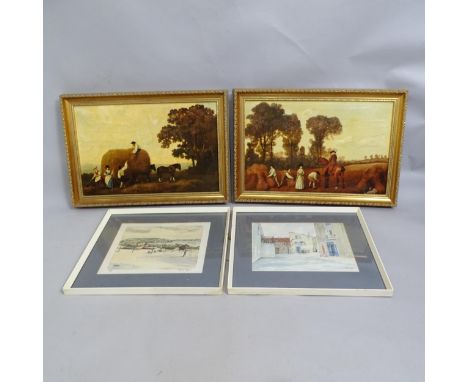 K A Wylie, watercolour, provincial street scene, and Continental beach view, and a pair of framed oleographs (4) 