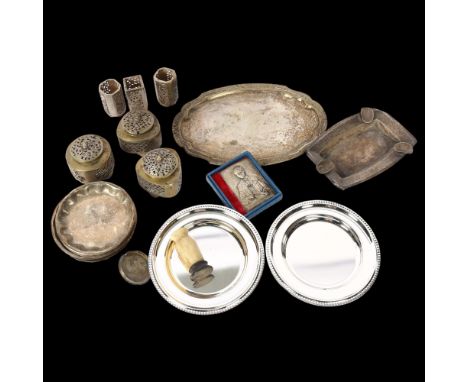 A Chinese white metal ashtray, a Chinese design silver plated condiment set, small plated coasters etc 