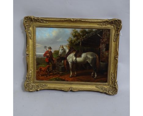 Contemporary oil on board, portrait of a man horse and dog by a stable, signed with monogram, 30cm x 40cm, framedVery good co