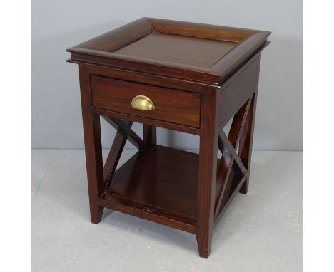 A modern oriental style mahogany square lamp table with inset top, single drawer and shelf under. 46x60cm 