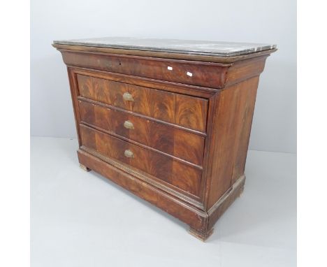 A French mahogany commode chest of five long drawers with marble top.Drawers open and close smoothly, feet loose and some ven