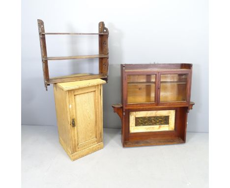 A Victorian mahogany hanging cabinet, 90x88x17cm, with two glazed doors and inset tile panel, a pine pot cupboard, a Queen An