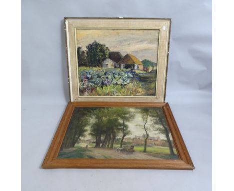 A group of pictures to include John Hughes watercolour, a cloud study Happisburgh, mid-century oil on canvas, flowers and bui