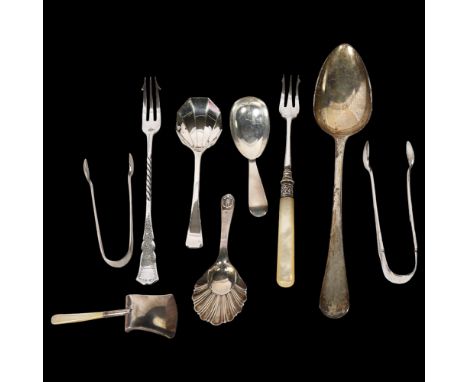 A group of various spoons, including 3 caddy spoons, 2 sugar tongs, and a tablespoon, 5.9oz, mother-of-pearl handled pickle f