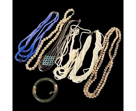 A 5-strand freshwater pearl necklace with silver clasp, length 79cm, a jadeite bangle etc 