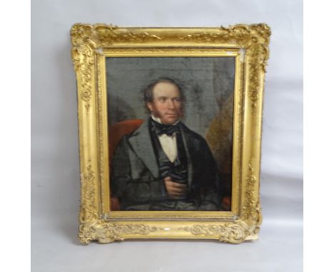 19th century oil on canvas, half length portrait of a gentleman seated in a red chair, image 77cm x 62cm, 90cm x 105cm overal