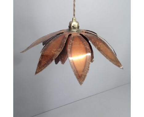 A hand made brutalist metal light fitting, circa 1970s', cut steel, bronzed flower shade, diameter 40cmRecently rewired with 