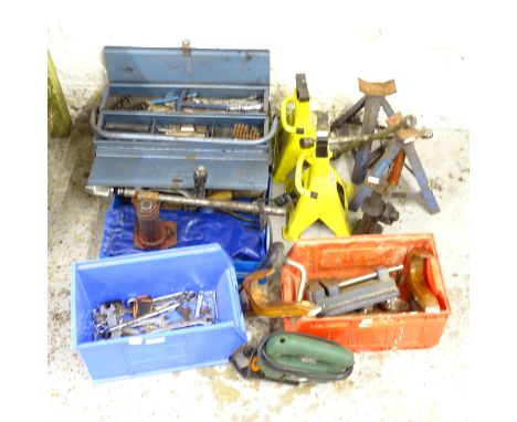 A group of tools, to include: car jacks, hand tools, spanner set, full toolbox, jigsaw etc.