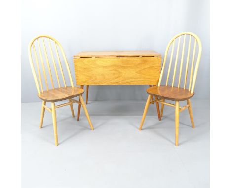 A mid-century teak drop-leaf table, 92x76x50cm (extending to 107cm) and two Ercol-style arch top dining chairs. 