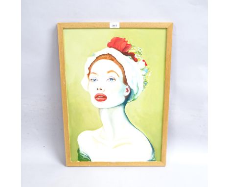 Clive Fredriksson, oil on board, portrait study, lady with a floral headdress, 45cm x 63cm overall, framed 