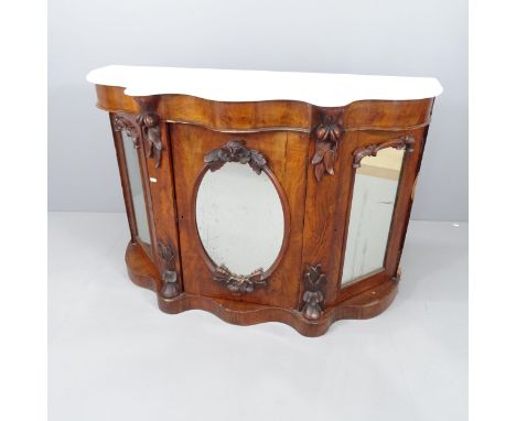 A Victorian rosewood and marble topped credenza of serpentine form, with three mirrored doors and shelf fitted interior. 121x