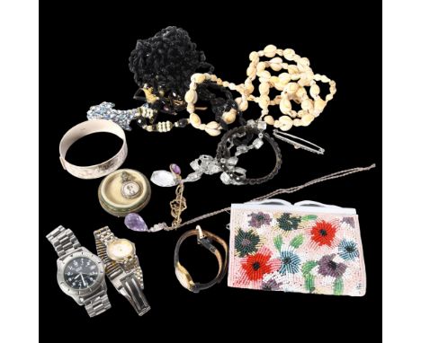 A collection of mixed costume jewellery, to include an engraved silver bangle, a silver and stone set mourning brooch, a 9ct 