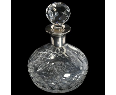 An Elizabeth II cut-glass decanter, with silver collar, hallmarks for Birmingham 1986, maker's marks for Charles S Green & Co