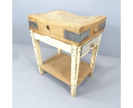 An antique pine topped butcher's block, on painted base with single frieze drawer. Initialled S K to side. 64x80x46cm 