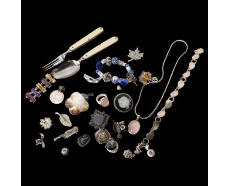 A group of silver and other costume jewellery, to include a silver-mounted rose quartz ring and similar pendant and chain, ma