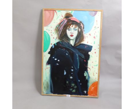 Clive Fredriksson, oil on board, portrait of a girl at a party, 91cm x 61cm overall, framed 