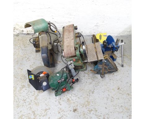 A Power Craft PFZ400R scroll saw, a Ferm belt sander, a Parkside wet and dry grinder, a Clark Strong Arm centre punch and a b