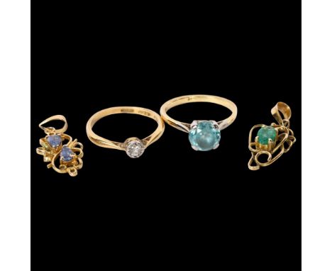 A group of gold jewellery, including a small 18ct gold diamond set solitaire ring, 1.7g, size K, a 9ct gold and coloured ston