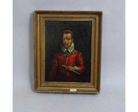 19th century oil on panel, portrait of Sir Walter Raleigh, unsigned, image 24cm x 18cm, 32cm x 26cm overall, framed 