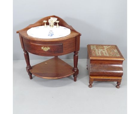 An early 20th century mahogany corner washstand converted with porcelain sink, Overall 85x90x65cm, and a similar step commode