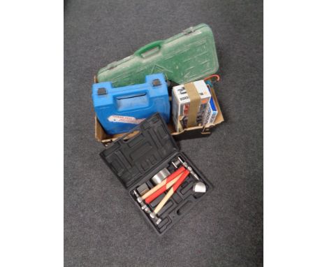 A box of cased power tools : hammer drill, sander, heat gun, auto body repair kit, tap &amp; die set etc 