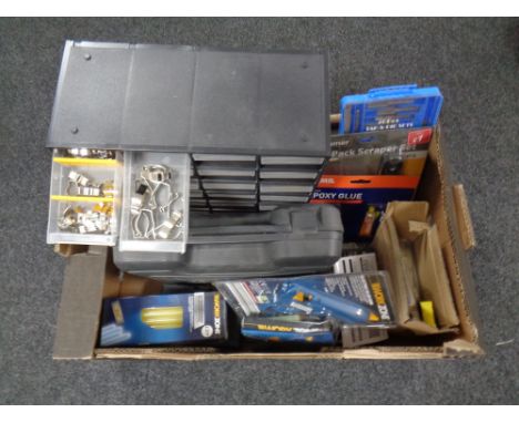 A box of assorted tools and hard ware : glue gun, tap and die set, cased power tool, multi drawer chest etc 
