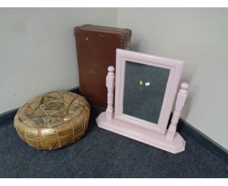 A vintage leather luggage case together with a leather Moroccan footstool and a painted pine dressing table mirror 