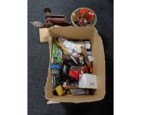 A box and a bucket containing vintage hand tools, bungee cords, hardware, together with a cobbler's last and cobbler's shoe s