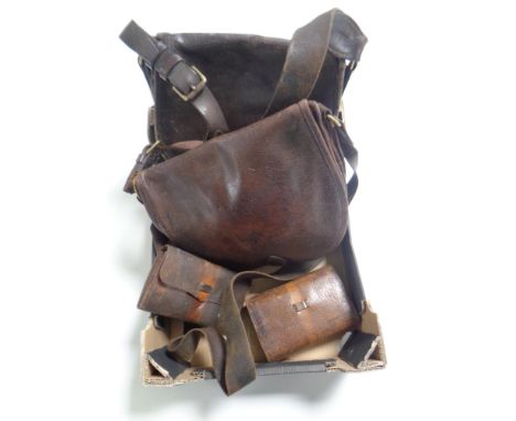 A box of two vintage leather cartridge bags and two vintage leather fly wallets 