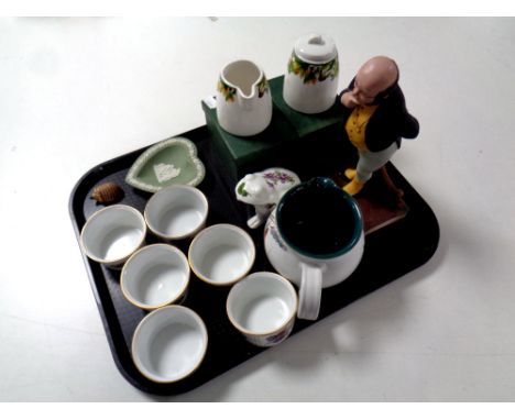 A tray containing assorted ceramics to include an Aynsley Dickens Series Mr Pickwick figure, Denby jug, Royal Worcester Evesh