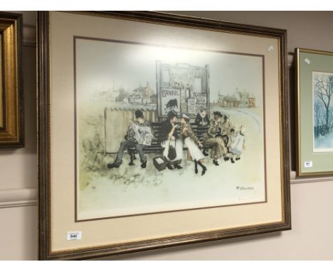 After Margaret Chapman : Figures on a bench, colour print, 62 x 48 cm, signed in pencil, framed 